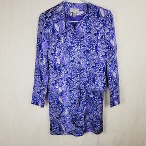 Vintage Adrianna Papell blue floral paisley silk skirt set Size 6 retro maximal